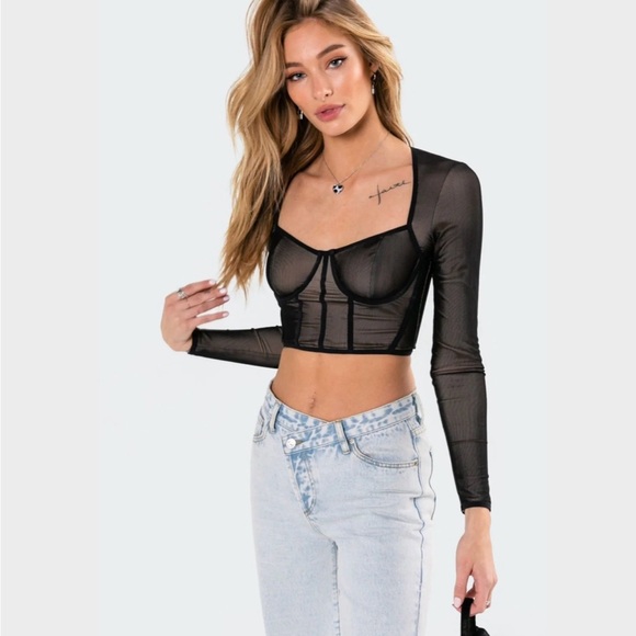 Edikted Black Sheer Long Sleeve Bodysuit - Picture 1 of 9